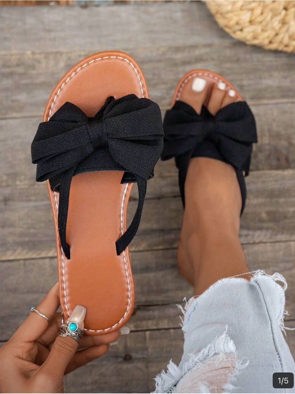 SHEIN Black Bow Flat Sandals with Tan Footbed